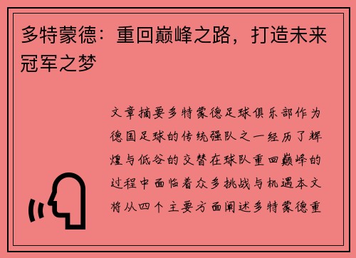 多特蒙德：重回巅峰之路，打造未来冠军之梦
