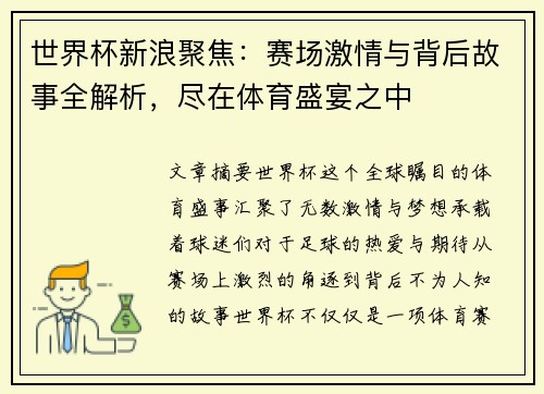 世界杯新浪聚焦：赛场激情与背后故事全解析，尽在体育盛宴之中